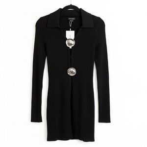 NWT•URBAN REVIVO Black Ribbed Knit Mini Dress Cardigan Silver Brooch Tunic Top M